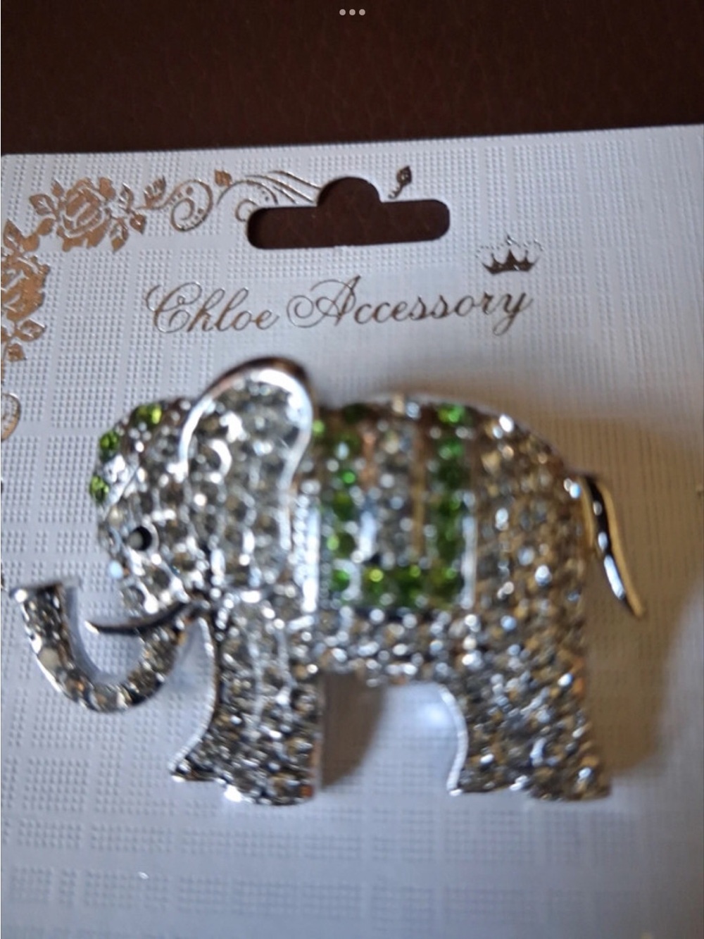 Silver Elephant Brooch with Green Accents